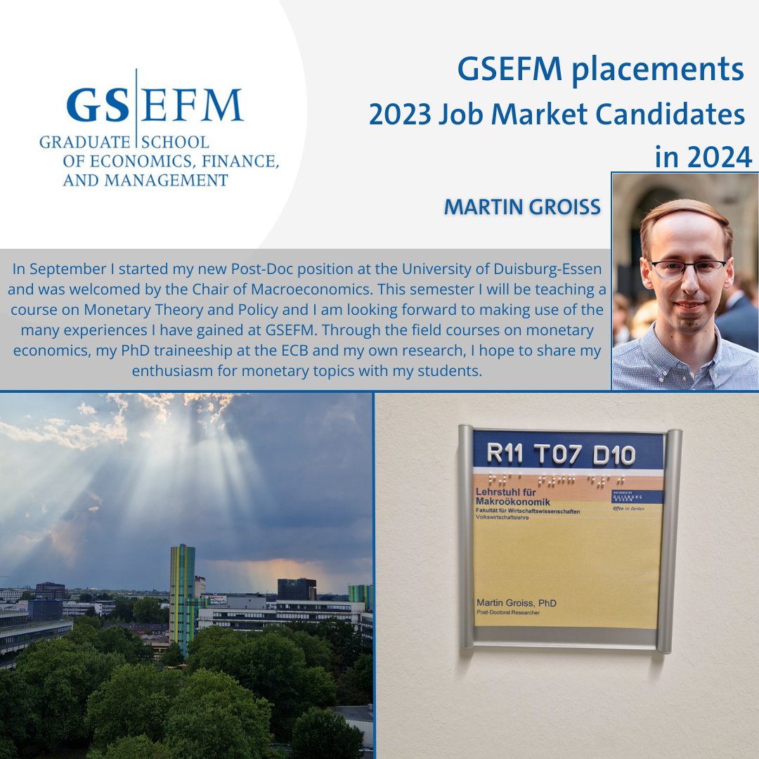GSEFM1's tweet photo. ❓ What comes after finishing the Ph.D. degree? 
Our GSEFM #graduate Martin Groiss shares his experiences in this new life stage!

#Alumni #PhD #PostDoc #Placement #PhDGraduates #EconTwitter #Placement #Jobmarket #EconJobMarket https://t.co/sCdT5WpsdR