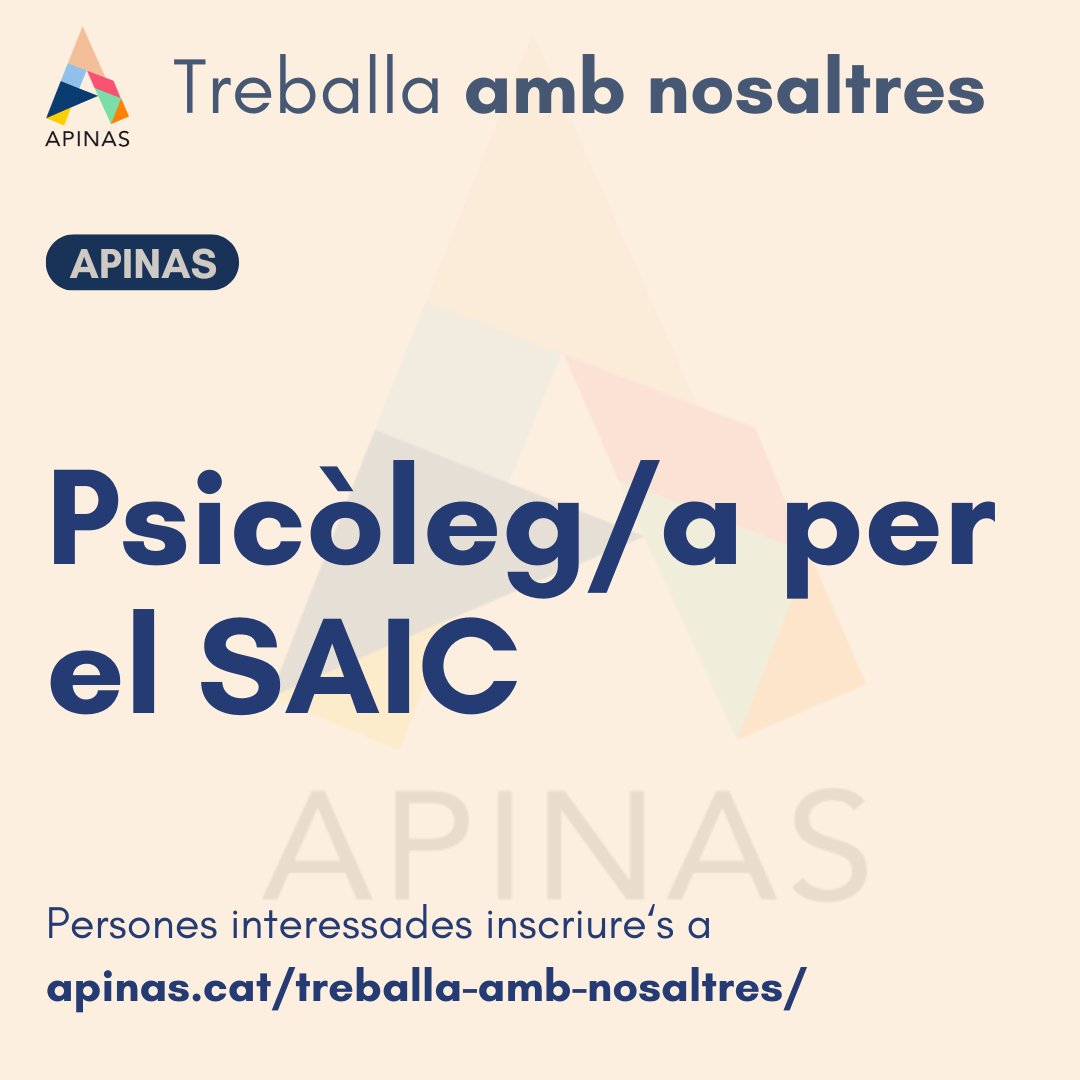 ➡️𝐎𝐟𝐞𝐫𝐭𝐚 𝐝𝐞 𝐭𝐫𝐞𝐛𝐚𝐥𝐥 per seleccionar un/a Psicòleg/a per el SAIC​.

🔎apinas.cat/treballa-amb-n…

🏡Vine a treballar 𝐚𝐦𝐛 𝐧𝐨𝐬𝐚𝐥𝐭𝐫𝐞𝐬!