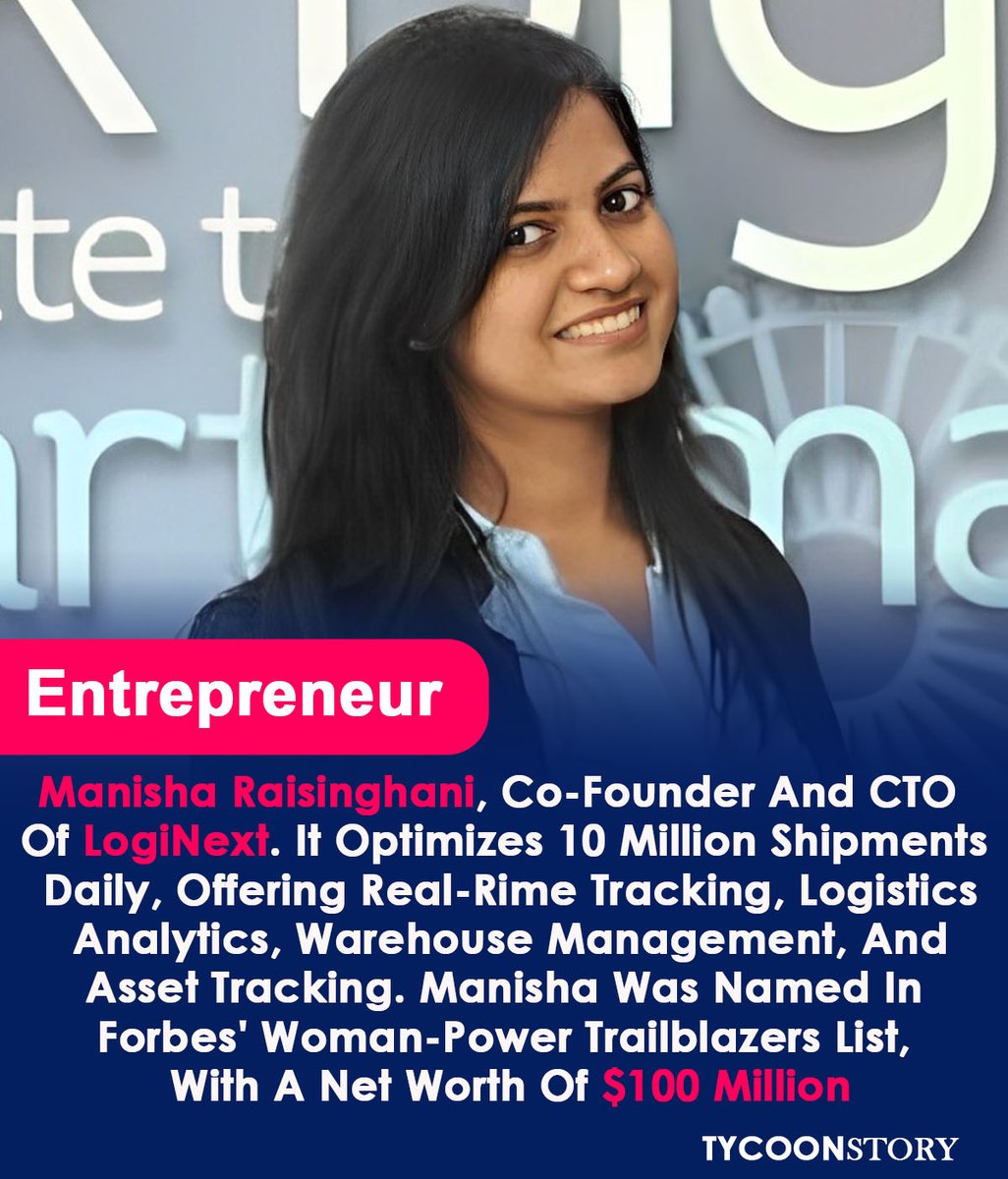 TycoonStoryCo's tweet photo. Manisha Raisinghani, Co-Founder And CTO 
Of LogiNext.

#womenintech #techleaders #logisticstech #techinnovation #womenentrepreneurs #aiinlogistics
#techfounders #loginext #futureoflogistics #techtrailblazers @LogiNext 

https://t.co/ZRjBOSKXFh https://t.co/N8et9QKpZq