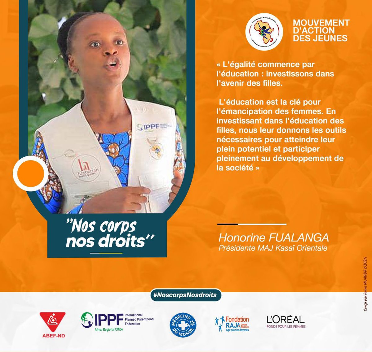 Sophia Tshela (@sophiatshela) on Twitter photo #NosCorpsNosDroits
#16JoursdActivisme
Éduquer les femmes, c'est leur permettre d'atteindre leur plein potentiel et de contribuer activement au développement de la société.
#StopVBG ❌
<a href="/MajRDCongo/">MAJ/YAM RDC🇨🇩</a>
<a href="/abefnd_rdc/">ABEF-ND RDC</a>
<a href="/IPPFAR/">IPPFAR</a>
<a href="/MondeRdc/">Médecins du Monde RDC</a>
<a href="/MdM_France/">Médecins du Monde</a>
<a href="/FondationLOreal/">Fondation L'Oréal</a>
<a href="/FondationRaja/">Fondation RAJA - Danièle Marcovici</a> #NosCorpsNosDroits
#16JoursdActivisme
Éduquer les femmes, c'est leur permettre d'atteindre leur plein potentiel et de contribuer activement au développement de la société.
#StopVBG ❌
<a href="/MajRDCongo/">MAJ/YAM RDC🇨🇩</a>
<a href="/abefnd_rdc/">ABEF-ND RDC</a>
<a href="/IPPFAR/">IPPFAR</a>
<a href="/MondeRdc/">Médecins du Monde RDC</a>
<a href="/MdM_France/">Médecins du Monde</a>
<a href="/FondationLOreal/">Fondation L'Oréal</a>
<a href="/FondationRaja/">Fondation RAJA - Danièle Marcovici</a>