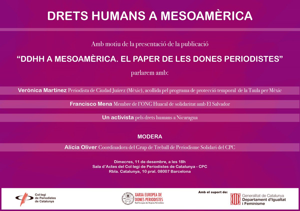 XarxaREMP's tweet photo. Demà presentem la publicació “DDHH a Mesoamèrica. El paper d les dones periodistes”.

Ens acompanyaran Verónica Martínez, periodista mexicana. Francisco Mena Sandoval, d’El Salvador i un activista nicaragüenc. #DDHH 

📆 11 d desembre
⏱️ 18h

https://t.co/VqWJirHhi1 https://t.co/keDc1qoxqs