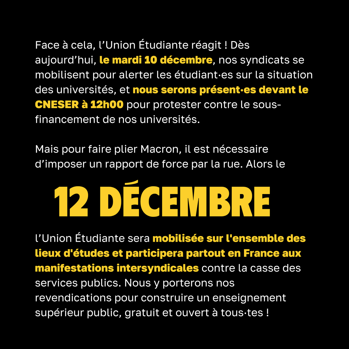 🔴 Macron précarise les étudiant-es et l’université, l’Union Étudiante organise la riposte !

✊ Tou·tes dans la rue le 12 décembre contre la sélection et la précarisation !