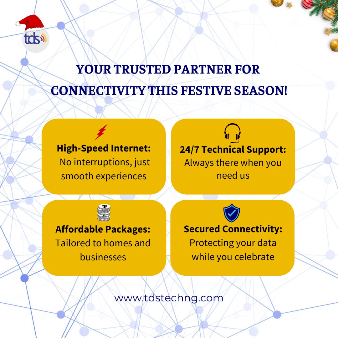 officialtdstech's tweet image. With us, connectivity isn't just fast- it's reliable, affordable, and secure. Celebrate the season with ease!
#Connectivity #ITSolutions #TechnologySolutionsProvider
