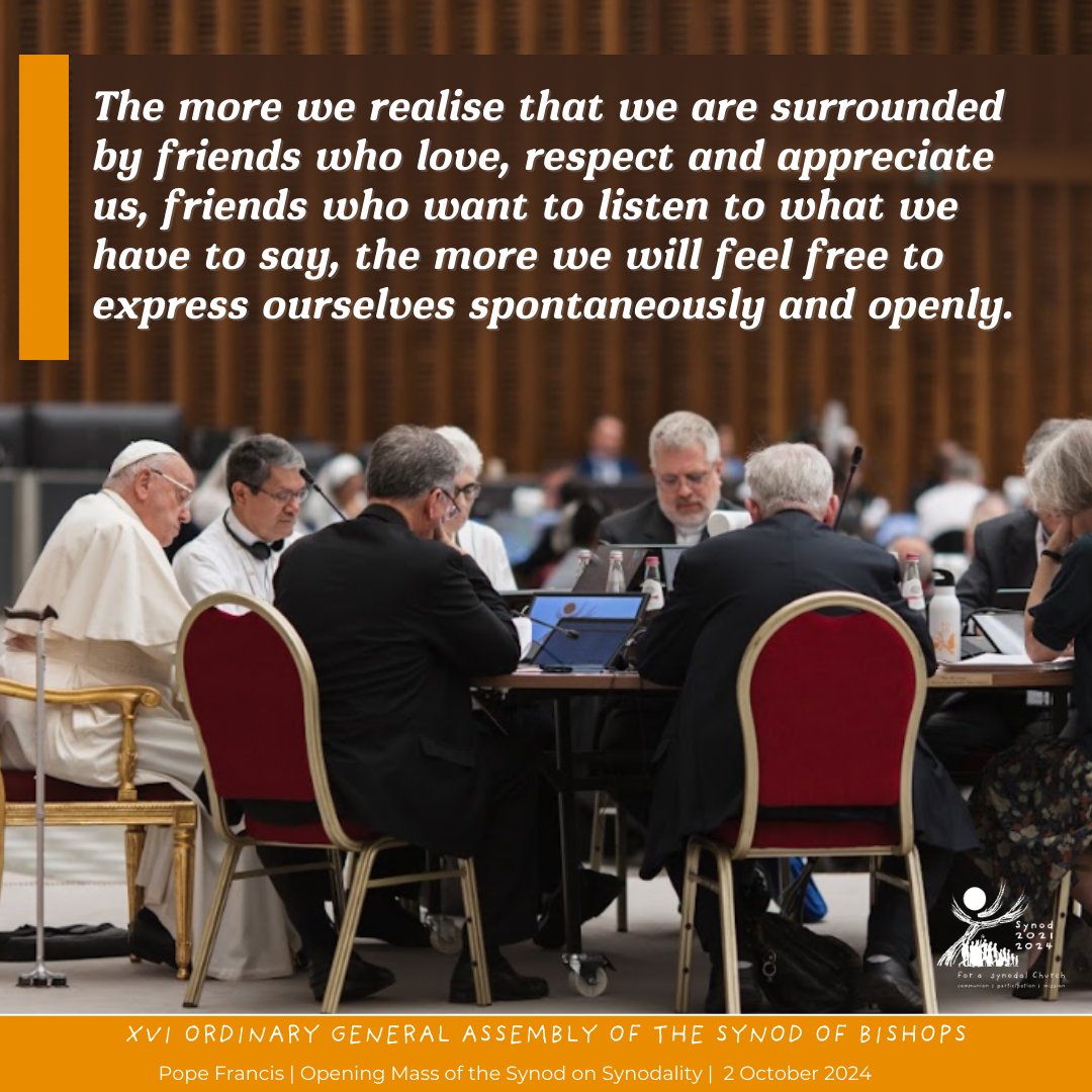 Synod_va's tweet image. The more we realise that we are surrounded by friends who love, respect and appreciate us, friends who want to listen to what we have to say, the more we will feel free to express ourselves spontaneously and openly.
@Pontifex 🔗bit.ly/40WrAnS

#synodality #sinodalidad