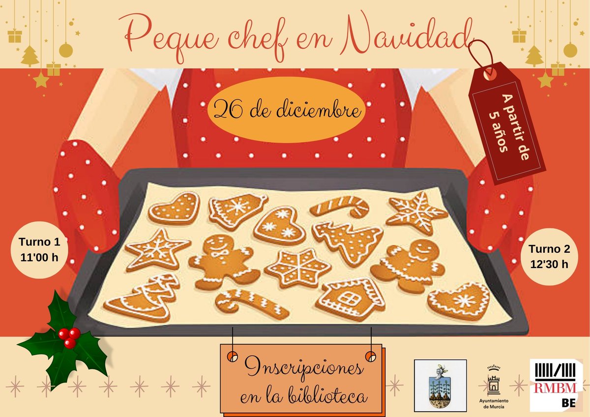 Esta #navidad volvemos a encender el horno en la Biblioteca Espinardo 🍪🍪
Si quieres pasar una mañana entretenida, no lo dudes, inscríbete al taller "Peche Chef en Navidad". 
#RMBM #BibliotecasPublicas Junta Municipal de Espinardo