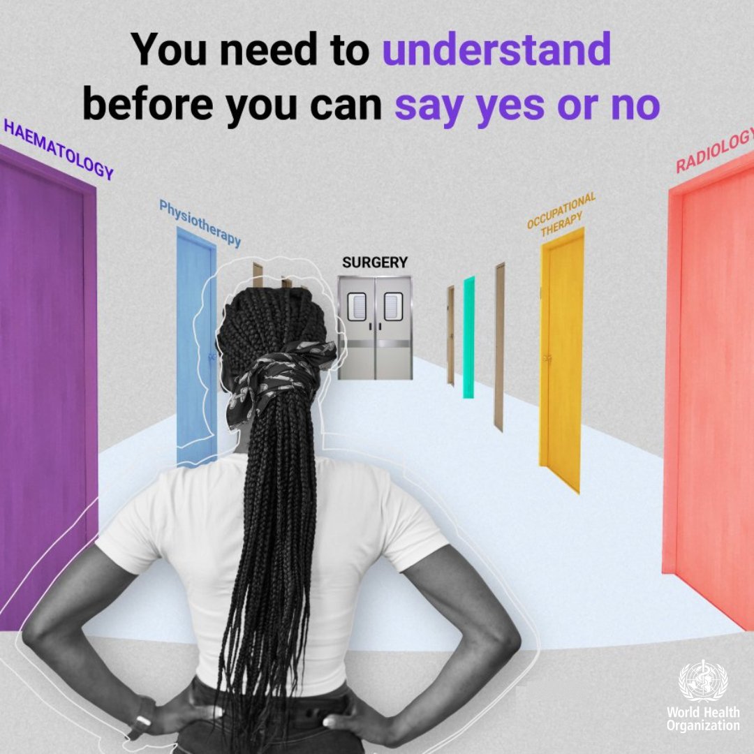WHO's tweet photo. Today is #HumanRightsDay.

Did you know? You have the right to information about your diagnosis & proposed treatments, & you must be asked for informed consent.

You have the right to ask questions and obtain timely & accurate information about your health care so you can make informed choices.