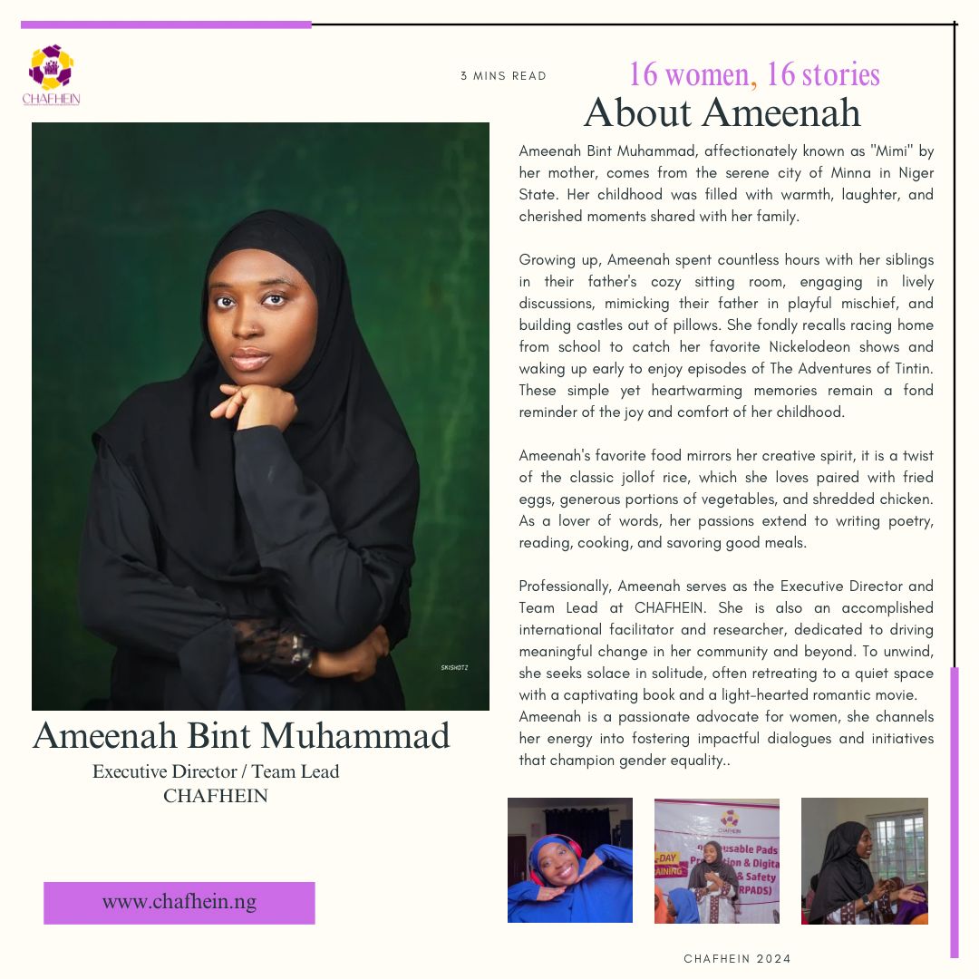 chafhein's tweet photo. To conclude the #16DaysofActivism2024, CHAFHIEN is proud to spotlight our very own Executive Director and Team Lead @ameenah_bintu!
A champion of women's empowerment, her heart beats for the well-being of women and girls. Her brilliant mind, compassion, and efforts inspire us. https://t.co/n5zXeBsUgx