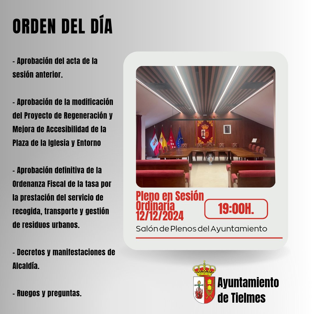 🔊 Pleno en Sesión Ordinaria 

📅 Jueves 12 de diciembre 

⏰ 19:00 horas

📍Ayuntamiento de Tielmes 

👆🏼Orden del día 

#TielmesEsCorazón