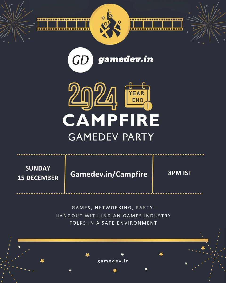 Gamedev.in (@gamedev_india) on Twitter photo ๐ End 2024 with us at the #GameDevIndia Year-End Campfire Party! ๐ฎ
๐ 15th Dec | โฐ 8 PM IST
๐ GameDev.in/Campfire
Games, networking, and fun with the Indian game dev community! Don't miss it! โจ
<a href="/vivekjha92/">Vivek Jha</a> <a href="/yadurajiv/">Yadu Rajiv</a> <a href="/kinshuksunil/">Kinshuk Sunil</a> <a href="/shagufta147/">Shagufta Khan</a>
#IndieDev #gamedev ๐ End 2024 with us at the #GameDevIndia Year-End Campfire Party! ๐ฎ
๐ 15th Dec | โฐ 8 PM IST
๐ GameDev.in/Campfire
Games, networking, and fun with the Indian game dev community! Don't miss it! โจ
<a href="/vivekjha92/">Vivek Jha</a> <a href="/yadurajiv/">Yadu Rajiv</a> <a href="/kinshuksunil/">Kinshuk Sunil</a> <a href="/shagufta147/">Shagufta Khan</a>
#IndieDev #gamedev