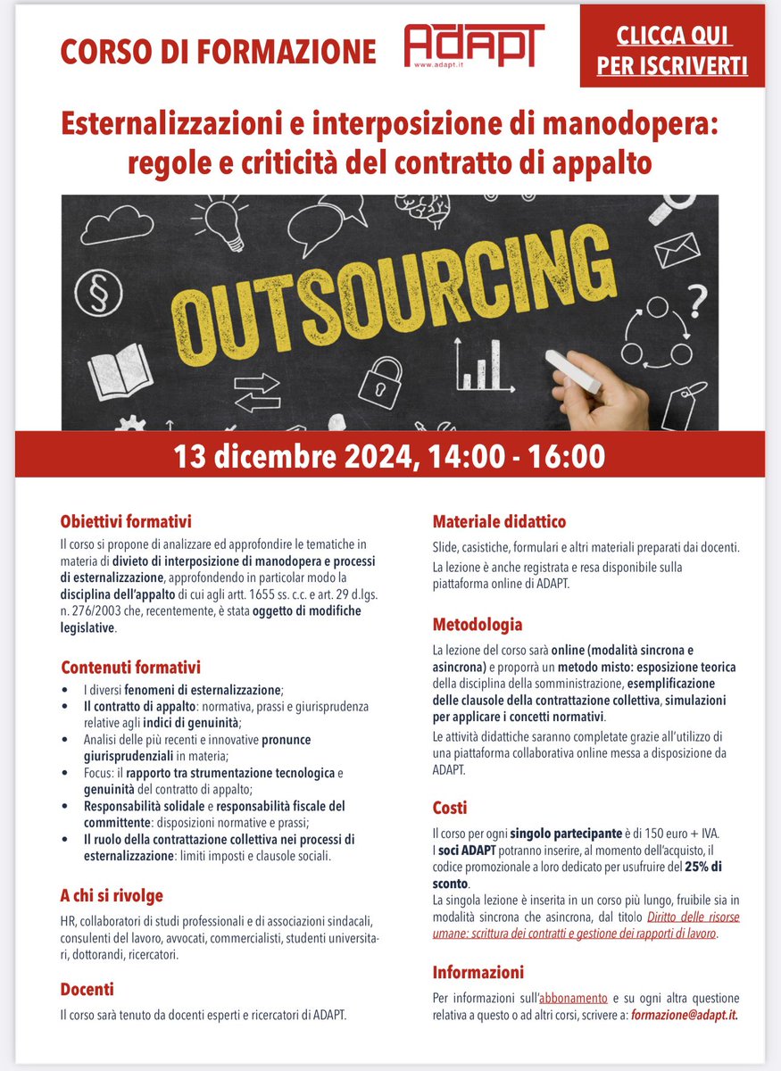 📌 13 dicembre ore 14-16

💡 Esternalizzazioni e interposizione di manodopera: regole e criticità del contratto di appalto

adaptuniversitypress.it/prodotto/13-di…