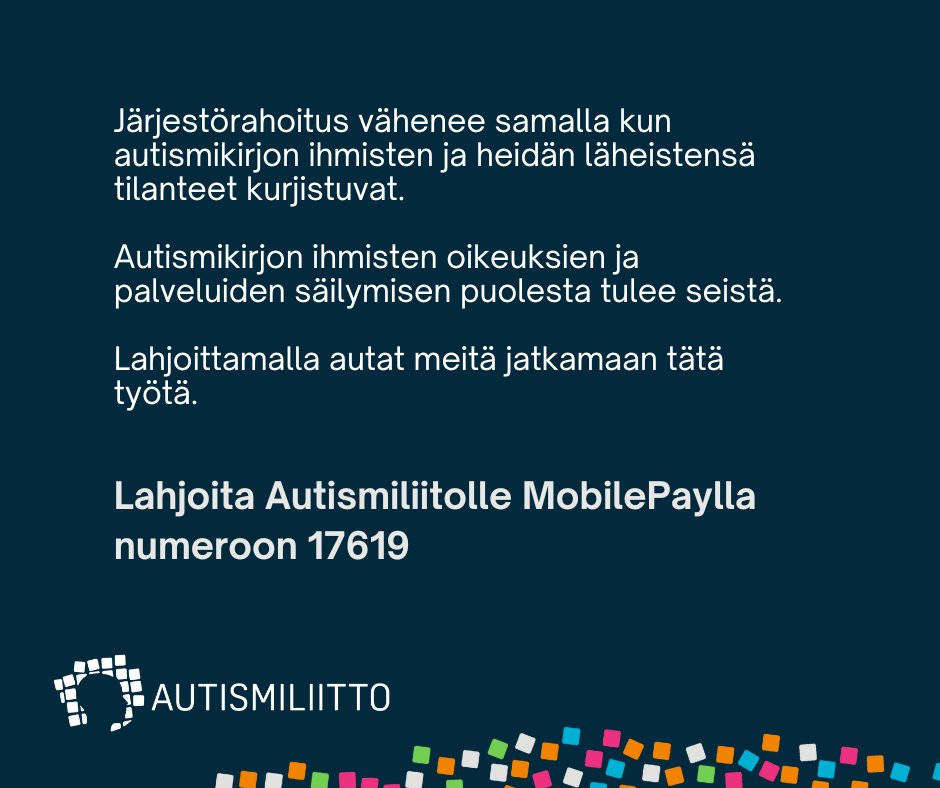 STEAn viime viikon ehdotuksen mukaan yleisavustuksesta leikataan n. 14% eli 80 000€. Tämä johtaa Autismiliitossa uusiin sopeutumistoimiin jo tehtyjen #säästö'jen lisäksi, ja vaikeuttaa huomattavasti liiton toimintaa, mm. tarjoamamme #neuvontapalvelu'a.

👉autismiliitto.fi/leikkaukset-va…