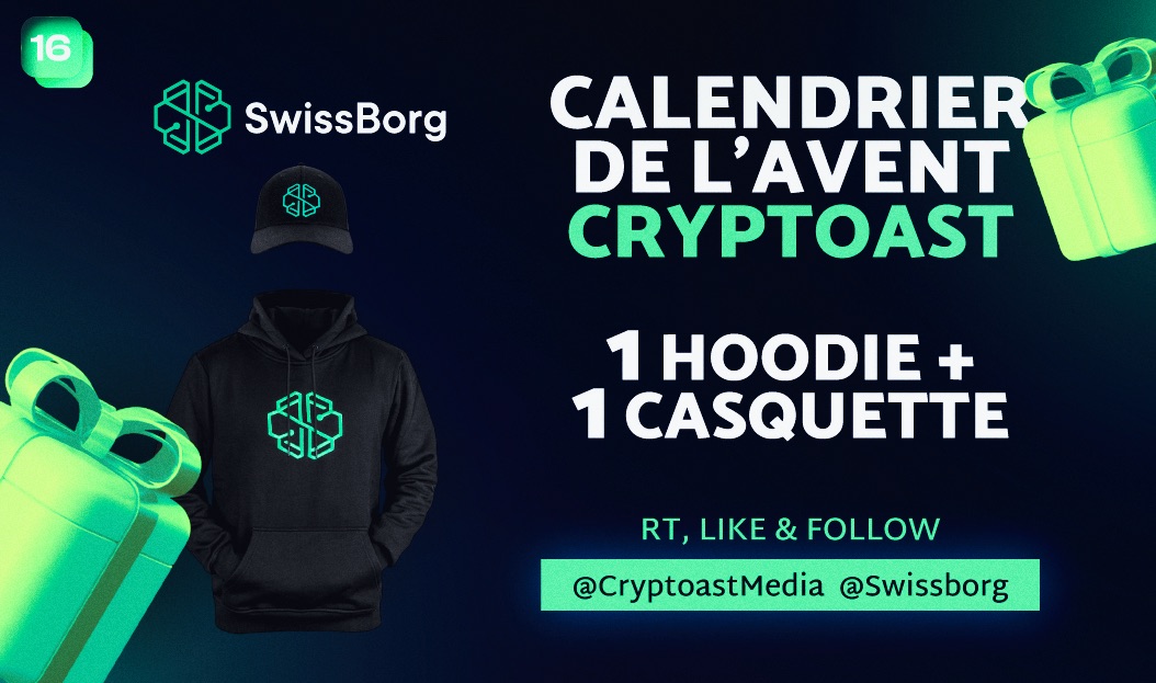 CryptoastMedia's tweet image. 🎁 Calendrier de l'avent Cryptoast 🎁

Jour 16 :

- 1 Hoodie noir + 1 casquette

Pour participer :

- Follow swissborg &amp;amp; Cryptoastmedia
- Like &amp;amp; RT ce post 💞

TAS : 17 décembre 🎅
Bonne chance à tous 🍀