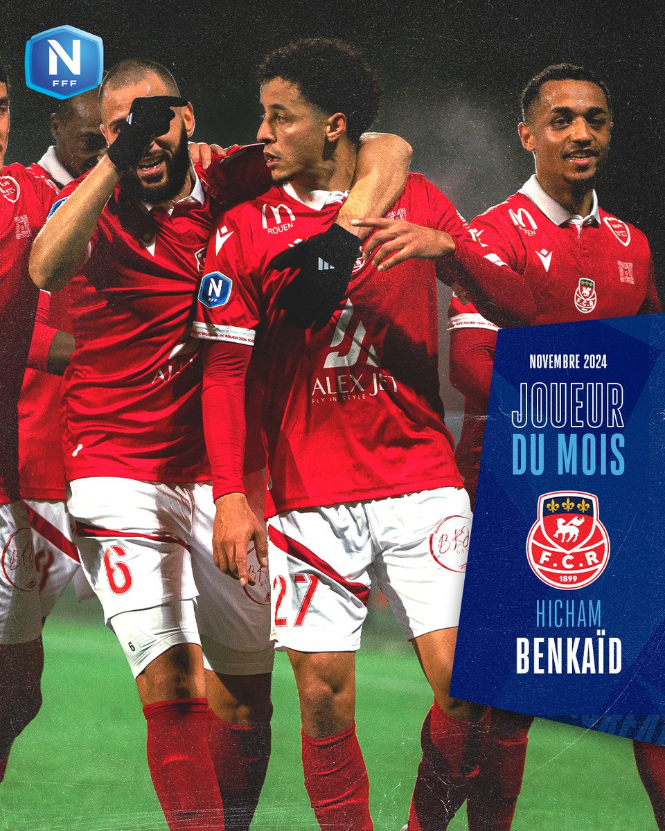 fcr1899's tweet photo. Hicham Benkaid a été élu joueur du mois de novembre de National ! 😍💪

Hicham, qui avait déjà été joueur du mois de janvier 2023 avec Saint-Brieuc, est le premier joueur du club à remporter ce trophée ! 💫

Un grand bravo @HichmBenko ! 🎩

#TeamFCR #Rouen #Normandie https://t.co/X3F2ZoA1h7