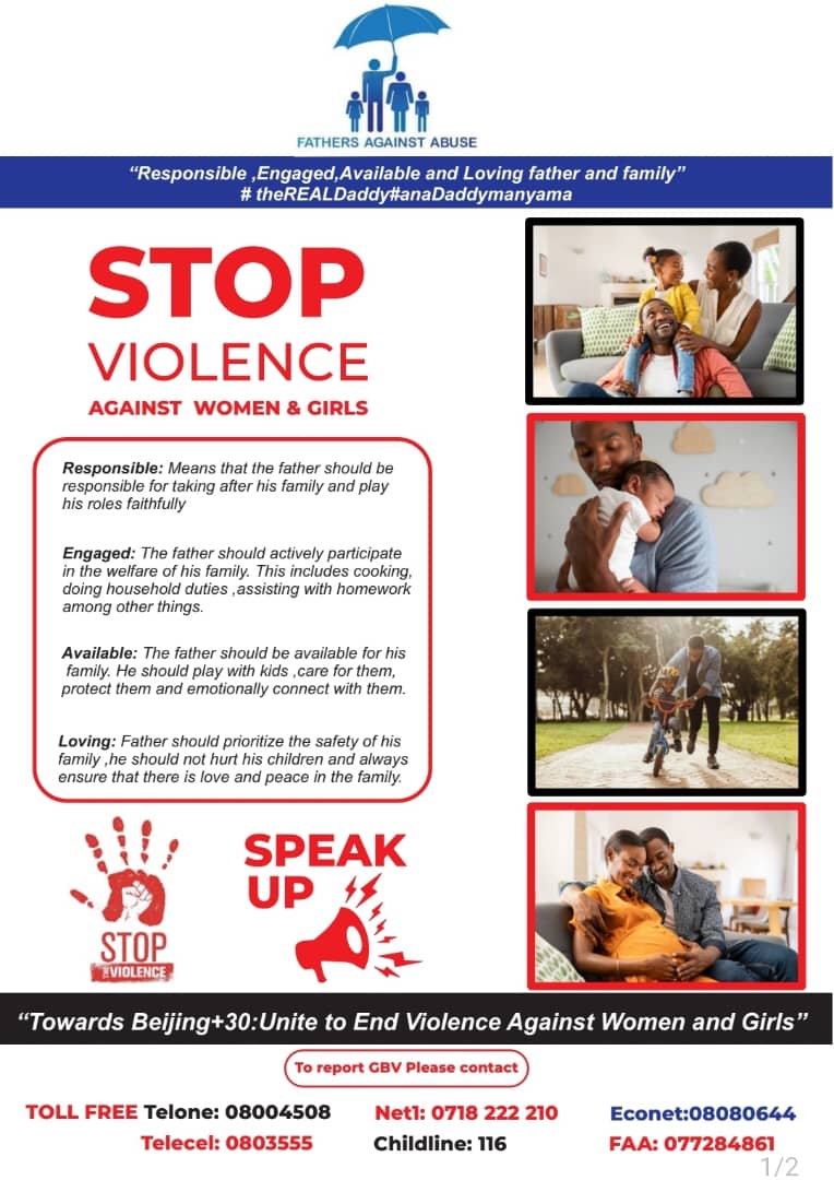 FAA_Zim's tweet photo. As we come to the end of 16 days of activism against GBV, we would like to remind Fathers to take an active part in the prevention of GBV through speaking put and modelling good behaviour in their children, particularly boys.
#Realfathers
#Positivefathering
#SaynotoGBV https://t.co/vUtEdynFsk