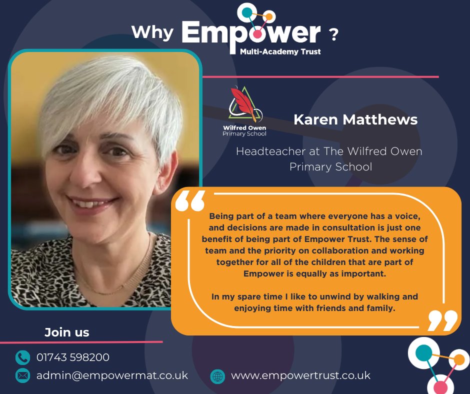 empower_trust's tweet photo. Why Empower Trust?
From Karen Matthews💭 Headteacher of @wilfredowensch
"Being part of a team where everyone has a voice, and decisions are made in consultation is just one benefit of being part of Empower Trust."
#authenticallyours #choosetobekind #togetherwehavegotthis https://t.co/issBoOCHG3