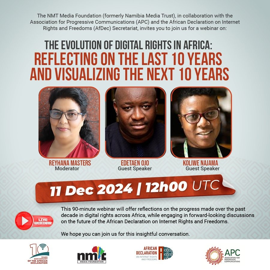 Media Rights Agenda (@mra_nigeria) on Twitter photo 🚨Please join the webinar on "Digital Rights in Africa: Reflecting on 10 Years, Visualizing the Next 10"
🗓️Date: Wednesday, December 11, 2024
⏰Time: 1 pm WAT
Our ED, <a href="/EdetOjo/">Edetaen Ojo</a>, will be sharing insights on emerging issues.
📌Register: us02web.zoom.us/meeting/regist… #DigitalRights 🚨Please join the webinar on "Digital Rights in Africa: Reflecting on 10 Years, Visualizing the Next 10"
🗓️Date: Wednesday, December 11, 2024
⏰Time: 1 pm WAT
Our ED, <a href="/EdetOjo/">Edetaen Ojo</a>, will be sharing insights on emerging issues.
📌Register: us02web.zoom.us/meeting/regist… #DigitalRights