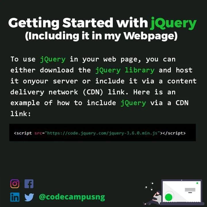 codecampusng's tweet photo. Want to learn more programming concepts and tips.?
Follow @codecampusng now
How do I include jQuery in my web page?
Have you used jQuery at any time?
Begin your journey as a Developer today. Send us a message today
#programming #js #webdesign #html5 #codecampusng #abuja https://t.co/KI8168TPdm
