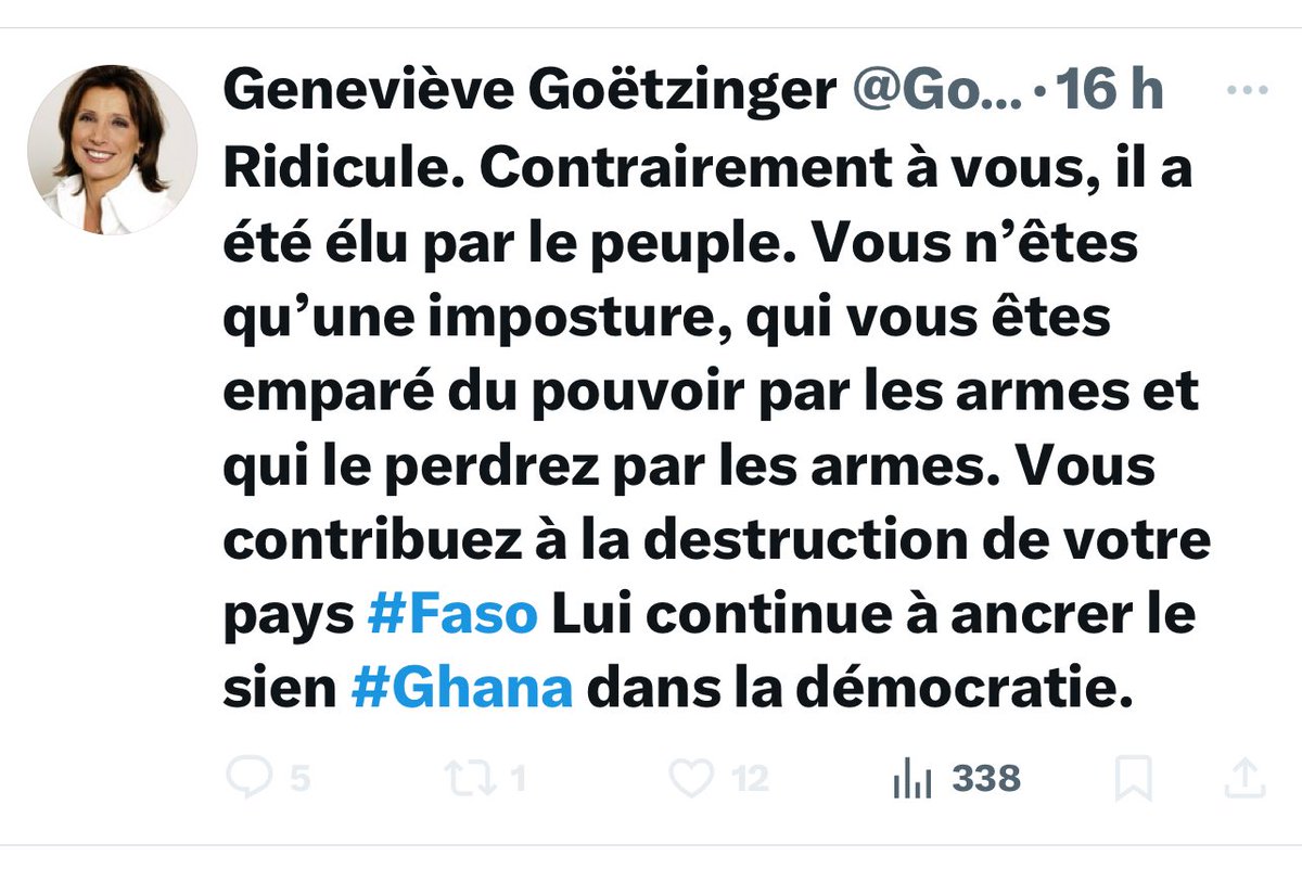 À ceux qui connaissent cette dame, dites lui qu’on ne peut pas se draper de la condescendance et vouloir interagir sur la place publique😎 et fera mieux d’aller s’adresser à son Macron qui prend la démocratie à la française en otage 🤧