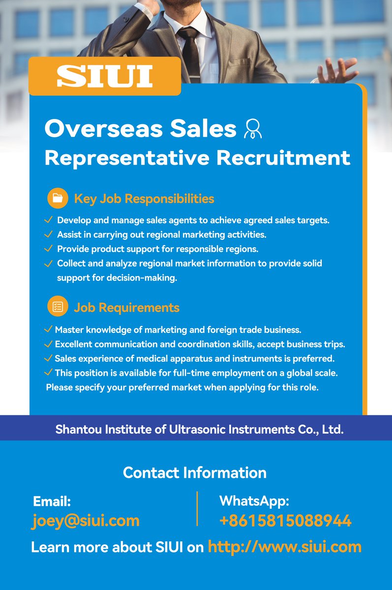 SIUIHealthcare's tweet photo. SIUI has on going needs in hiring overseas sales representatives as well as customer service in the USA.
Check the poster for detailed information, and send your CV to our email address if you would like to join us!
#SIUI #Job #Career #Hiring #Sales #SalesRecruitment #Ultrasound https://t.co/fiXACsJ5h0