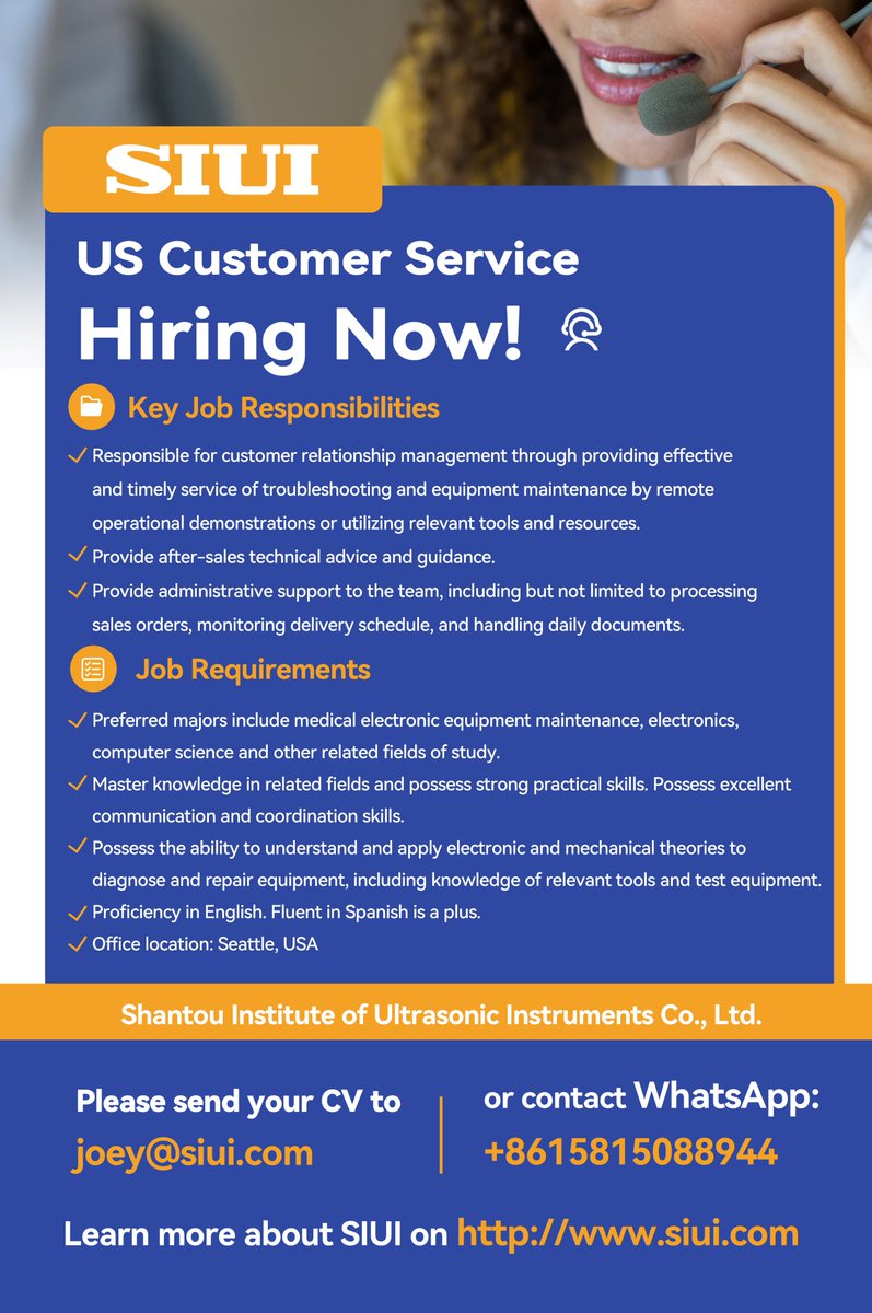 SIUIHealthcare's tweet photo. SIUI has on going needs in hiring overseas sales representatives as well as customer service in the USA.
Check the poster for detailed information, and send your CV to our email address if you would like to join us!
#SIUI #Job #Career #Hiring #Sales #SalesRecruitment #Ultrasound https://t.co/fiXACsJ5h0