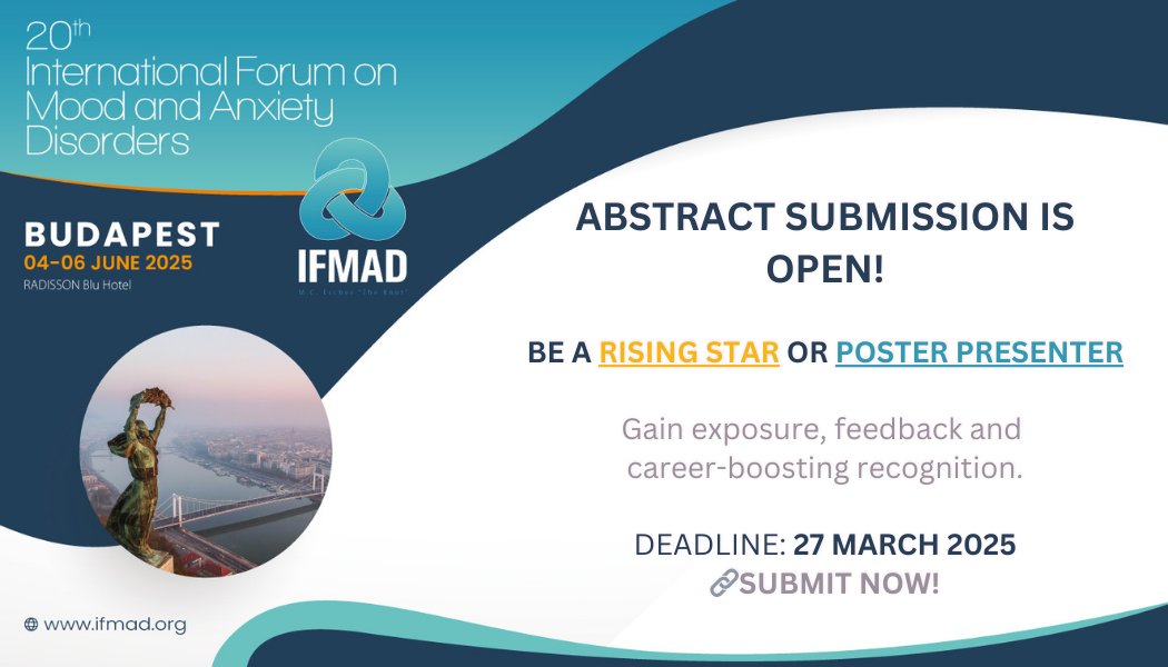 #IFMAD25

Call for Abstracts!🌟📝

Submit now for the Rising Star Programme &amp; Poster Presentations on Mood and Anxiety Disorders!
Why? To gain exposure, expert feedback &amp; career advice

📅 Deadline: 27 Mar 2025
📩Submit here: ifmad.org/2025/?page_id=…

#Psychiatry #Mood #Anxiety