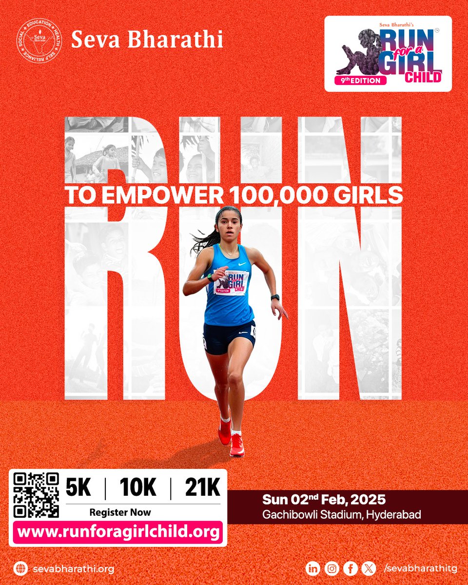 sevabharathitg's tweet photo. 🏃‍♀️ RUN TO EMPOWER 100,000 GIRLS!
Join us in making a difference with Seva Bharathi’s “*Run for a Girl Child*” 🏃‍♂️ 9th Edition.

💻Register Now: https://t.co/F6Im0pp51H

#RunForAGirlChild #EmpowerHerFuture #RunToEmpower #100KGirlsEmpowered #StepForChange #SevaBharathi #BeTheChange https://t.co/X4JVWeQ6Xi