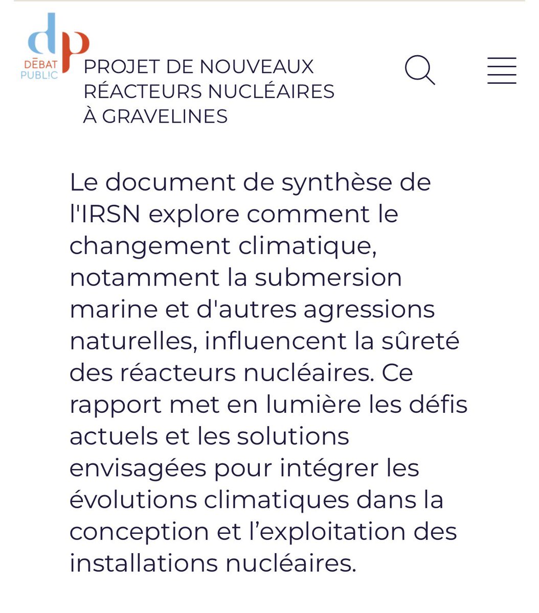 Dans le cadre du débat public du projet de réacteurs nucléaires EPR2 sur le site de Gravelines, l’IRSN publie une note de synthèse relative à la prise en compte du changement climatique sur les agressions naturelles, en particulier la submersion marine.

debatpublic.fr/sites/default/…