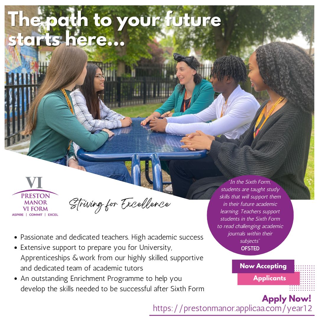 PrestonManorSch's tweet photo. Calling all #Year11 ... Applications for a place in our Sixth Form are now open for September 2025 start!
Apply via our website: https://t.co/MMZWLzthKd
#sixthform #year12 #applications #allthrough #ambition #responsibility #excellence https://t.co/VWXkC2ZIWu