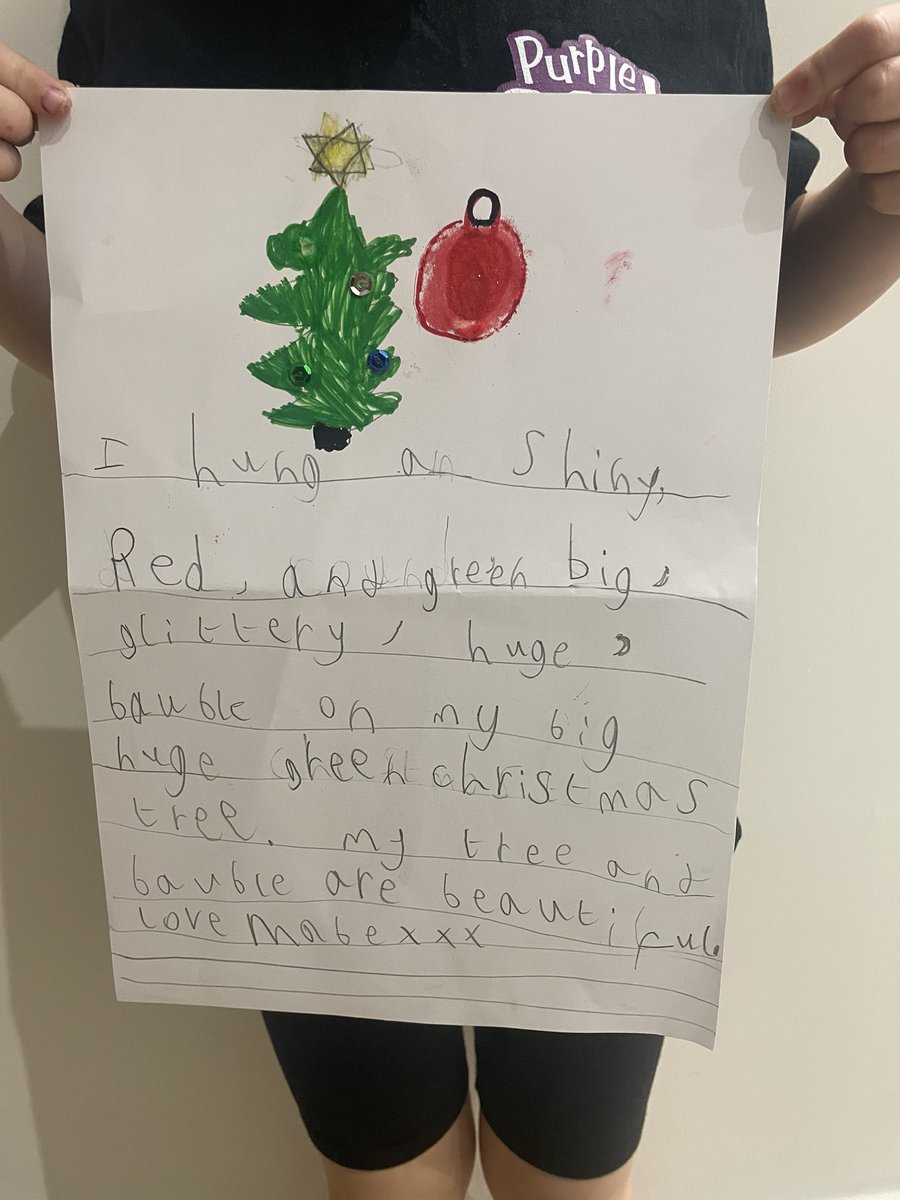 DanielleLoWalsh's tweet photo. @FPS_1_Turtles
writing homework: Mabel described a bauble on the Christmas tree using adjectives. #fpswyear1homeworkchallenge https://t.co/kxa6ygq4KR