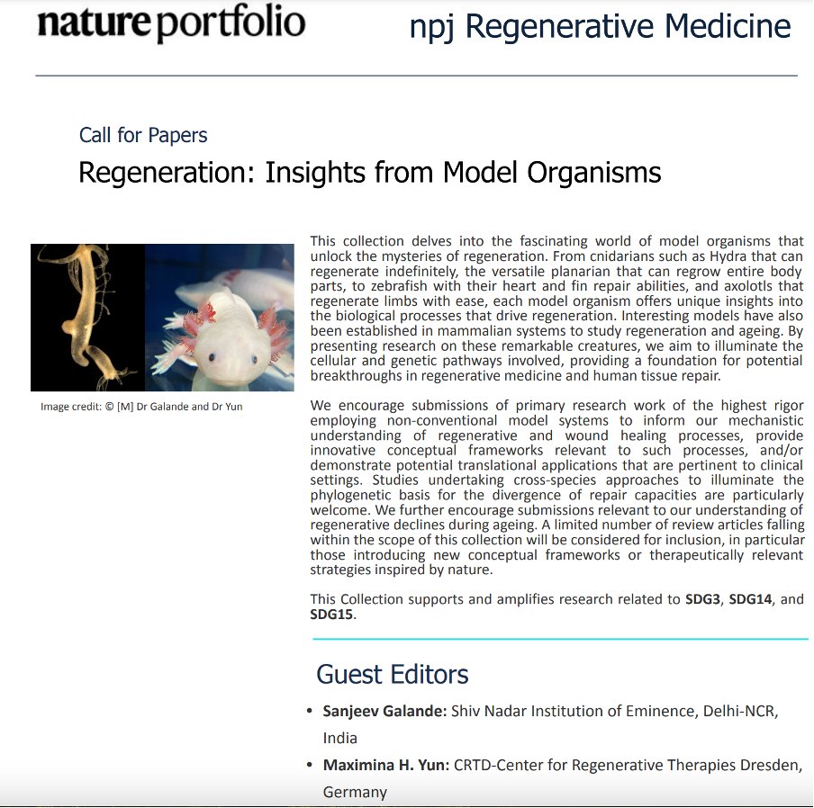 Glad to announce a special issue of NPJ Regenerative Medicine <a href="/Nature_NPJ/">npj Journals</a>. This collection is focused on “Regeneration: Insights from Regenerative Model Organisms”, inviting research articles using non-conventional model organisms.
nature.com/collections/eg…
Co-edited by <a href="/MaxYunLab/">TheYunLab</a>
