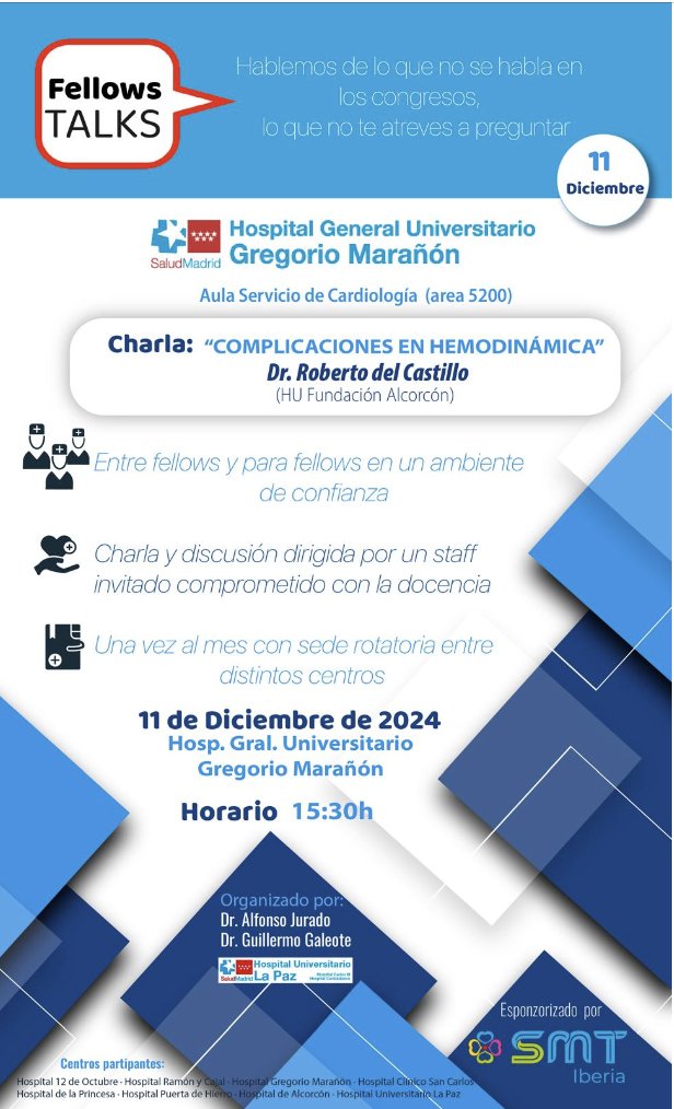IberiaSmt's tweet photo. Ultima edición del #FellowTalks, mañana dia 11 a las 15:30 en el H. General Gregorio Marañon, impartida por @r_delcastillo contando con @RiSanz2020 como anfitrión. Fellow Talks es una iniciativa de @JuradoRomanAl y @hemodin90 de @Hemodin_LaPaz https://t.co/3yHfvuaJgo