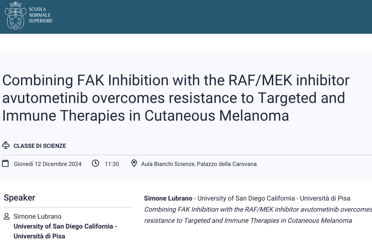 I invite you to attend the Seminar I will be giving on Thursday, December 12 at 11:30 a.m. at the Scuola Normale Superiore, Pisa, on our latest Research on Strategies to Overcome Therapy Resistance in Cutaneous Melanoma.