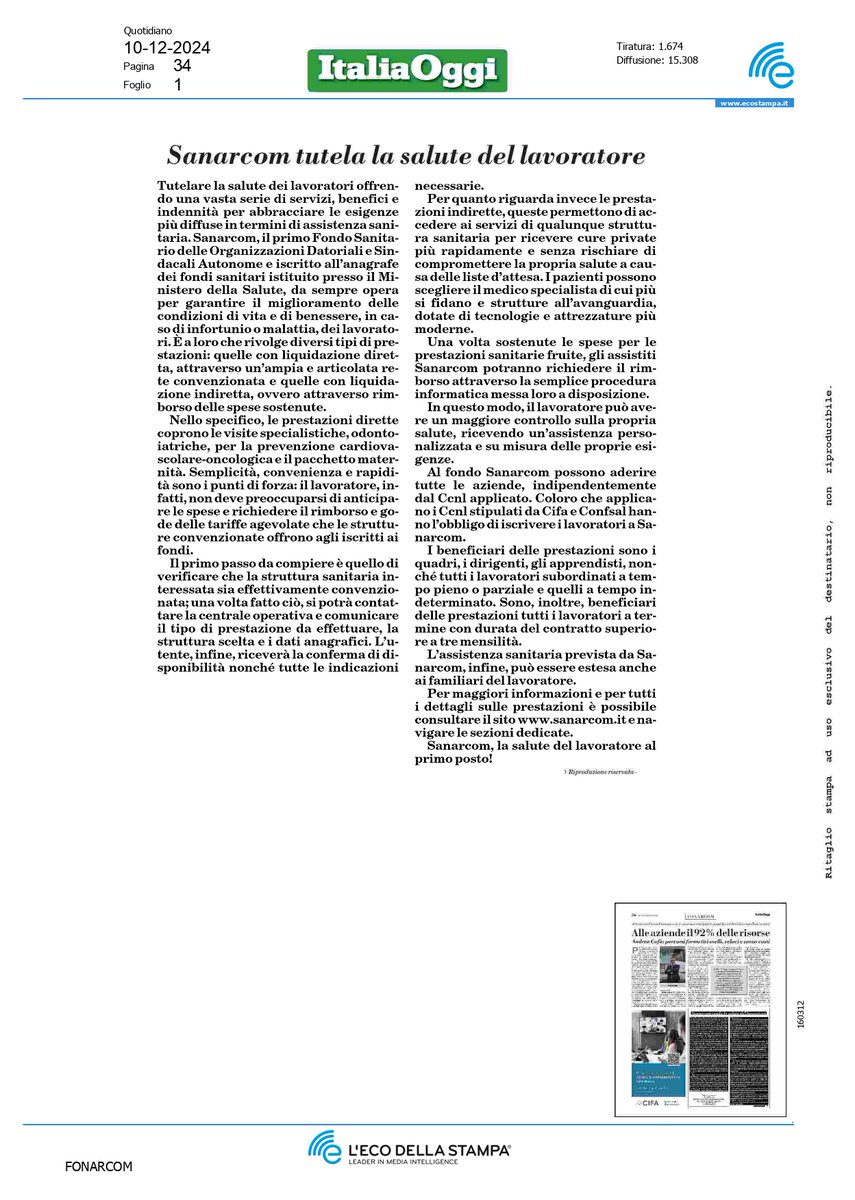 #SanARCom è il primo #FondoSanitario delle Organizzazioni Datoriali e Sindacali Autonome - <a href="/CifaItalia/">CifaItalia</a>  e <a href="/Confsalnet/">Confsal</a>  -, un punto di riferimento per il benessere e la protezione sanitaria di lavoratori, famiglie e aziende.

Leggi l’articolo di approfondimento su <a href="/ItaliaOggi/">ItaliaOggi</a> 👇