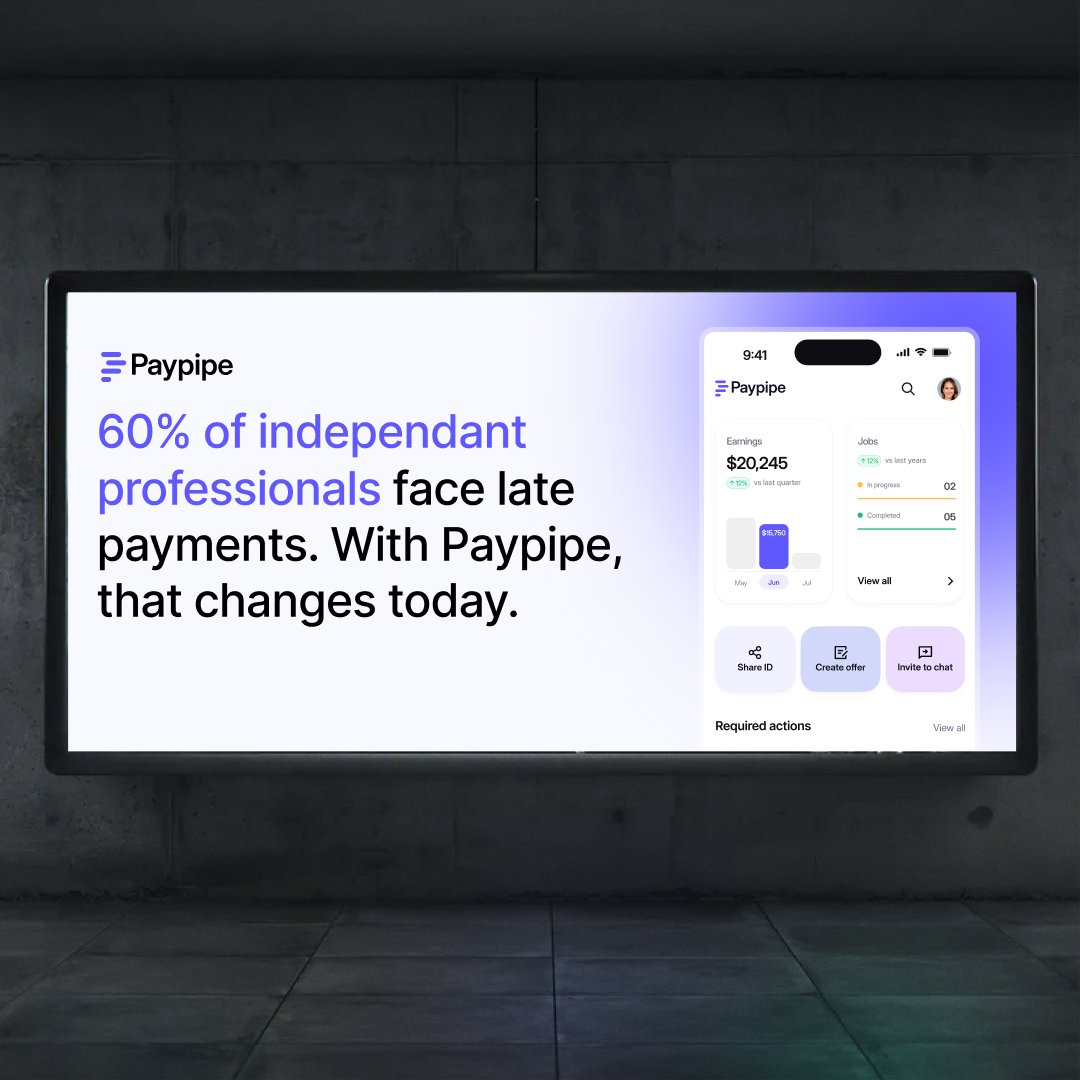 Paypipe_io's tweet image. 60% of independent professionals face late payments 😔
With Paypipe, you can change that— today. 💼💸
No stress, no waiting—just seamless payments and a brighter future for your hard work. 🚀
#Paypipe #TimelyPayments #FreelanceSuccess