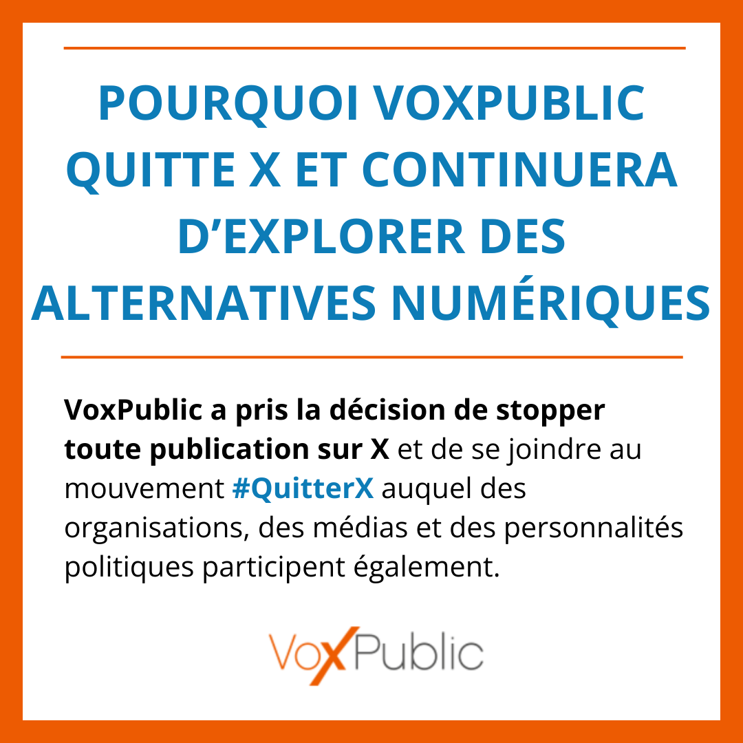 VoxPublic_'s tweet photo. 📣 Voici venu le moment de #QuitterX
👏Nous suivons l’exemple de nombreuses organisations, personnalités, communautés et médias quittant ce "réseau toxique"
✊VoxPublic communiquera avec vigilance sur Bluesky : https://t.co/yOoNOqPJre
📍Notre déclaration : https://t.co/arcEeqb5je https://t.co/Ah87hJCMOP