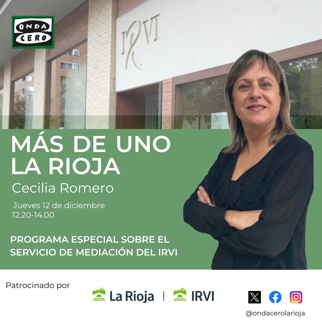 ondacerolarioja's tweet photo. ❓Conoces el servicio de mediación del #IRVI en caso de problemas para pagar la hipoteca o el alquiler de tu vivienda? 
Hablaremos con los profesionales del IRVI en "Más de Uno La Rioja"
🗓️Jueves 12 diciembre desde el Instituto de la Vivienda de La Rioja
https://t.co/Vth21UgiJK https://t.co/iMH5rr6MWk