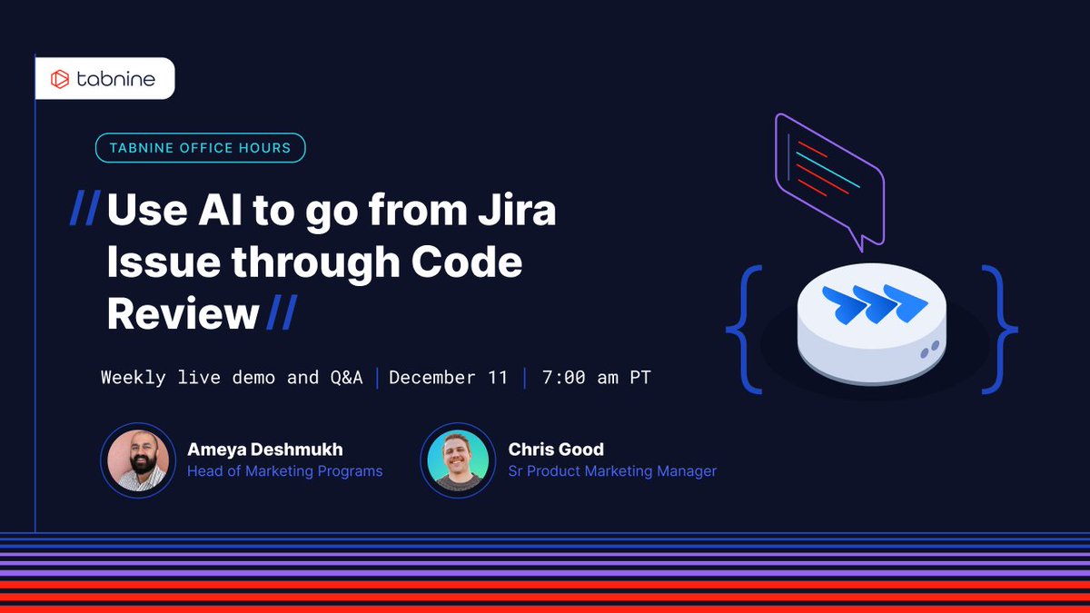 tabnine's tweet image. 🎥 Join us tomorrow to see Tabnine in action and get all the tips you need to speed up your SDLC with AI. This live demo and Q&A will walk through how to personalize Tabnine to generate code like an engineer on your team.
🔗 tabnine.com/tabnine-office…
#LiveDemo #AIforCode…