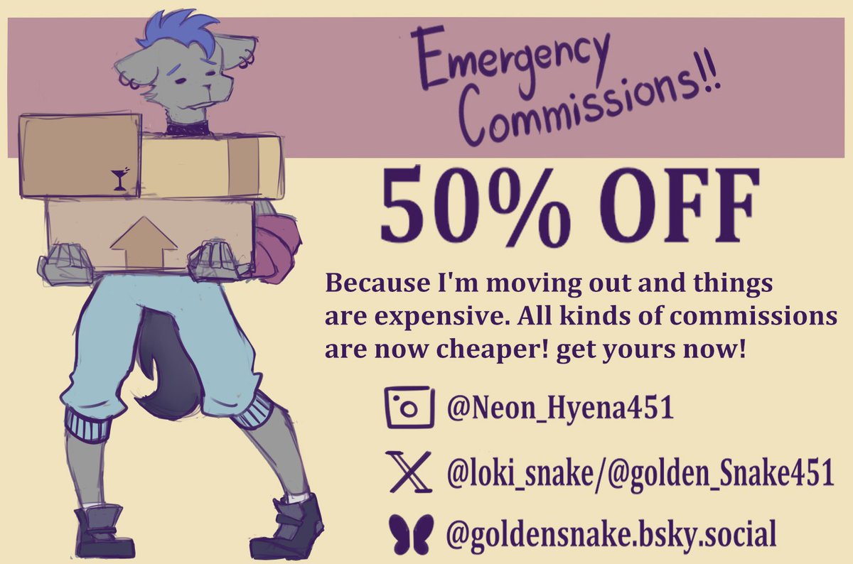 loki_snake's tweet photo. bueno gente, por fin se cumplió el sueño y me voy a ir de casa! Asi que toco abrir comisiones para juntar dinero de emergencia.

Asi que TODO A MITAD DE PRECIO! https://t.co/GLdfeyvp5d
