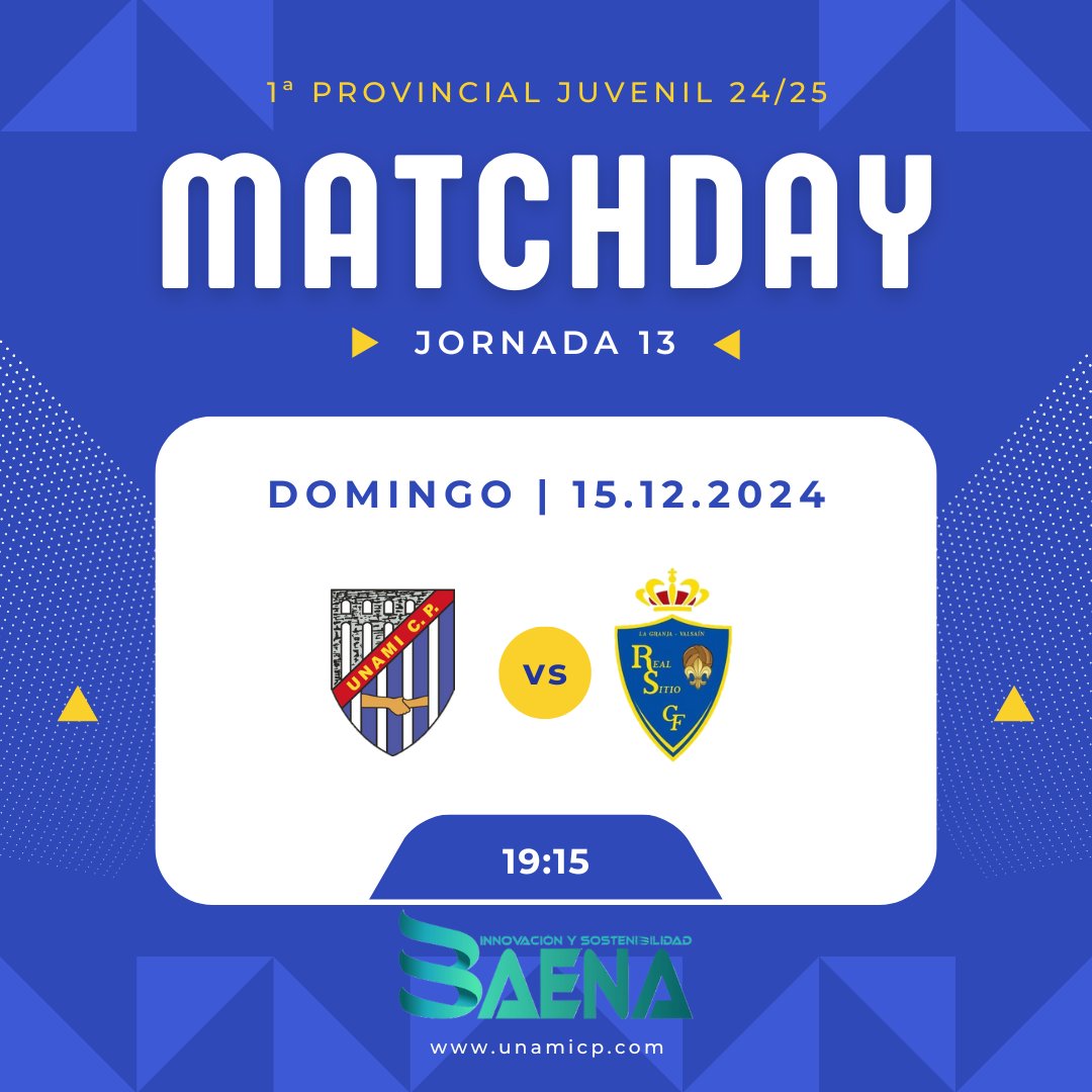 PRÓXIMO PARTIDO JUVENIL A

📅 Domingo 15 diciembre
🆚 <a href="/realsitiocf/">Real Sitio C.F. Oficial</a> 
🏟 C.M. Jose Antonio Minguela
🕛 19:15
🏆 Jornada 13 1ª Provincial Juvenil

@isbaena_22 #Unami #SomosUnami #VamosUnami #AzulesDeCastilla #ElEquipoEterno #UnidosporSiempre #UnidosPorElAlma #JuntosaLuchar 💙💙💙