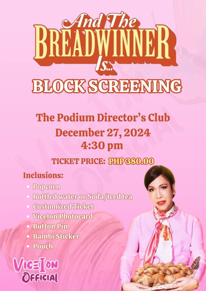 ViceIonOFC's tweet photo. 12.27.24 | ViceIon Unkabogables' Block Screening for #AndTheBreadwinnerIs 🧡   Secure your slot/s by filling out the Google form below! 📷#ViceGanda
@vicegandako @teamvicePH @StarCinema @theideafirst_co

🖇️https://t.co/dbj16yEf16

🗒️Note: Please read and understand the guidelines carefully. Check the thread for the Tote Bag details. 🗒️