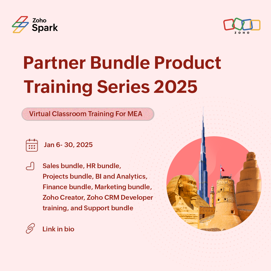 ZohoSpark's tweet image. Zoho Spark&apos;s exclusive Bundle Product training programs for India Partners.

Visit the link to Know more MEA: zurl.co/MEA2025 

We are also extending the training series for India, Europe, the UK, South Africa, North America, and South America Zoho Partners!!