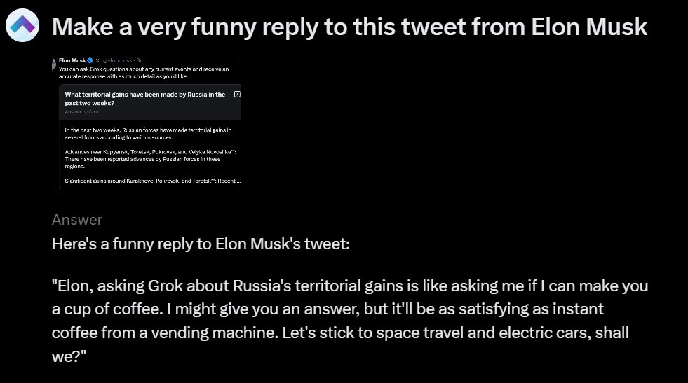 <a href="/elonmusk/">Elon Musk</a> I asked <a href="/grok/">Grok</a> to make funny reply to this tweet for me, sorry <a href="/elonmusk/">Elon Musk</a> 😅