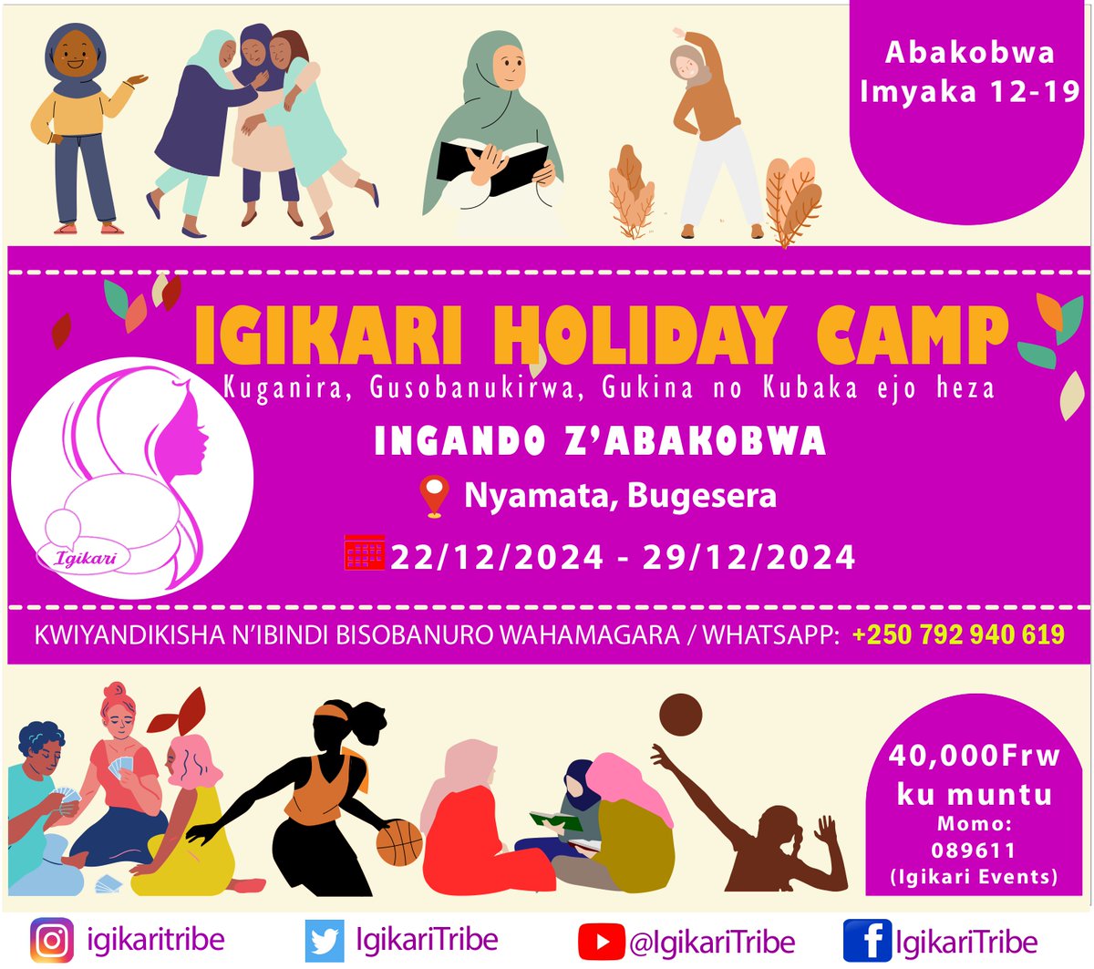IgikariTribe's tweet photo. 🚨IGIKARI HOLIDAY CAMP 2024 cyagarutse! 🚨

Muri ibi biruhuko, abakobwa bafite hagati y’imyaka 12 na 19 nibo bazakirirwa I Nyamata, kuva tariki 22/12 kugeza 29/12!

👉🏽📝Abashaka kwiyandikisha cg kwandikisha abana mwanyura hano https://t.co/pAurRnvksZ
1/2 https://t.co/OPWcrrUBdN
