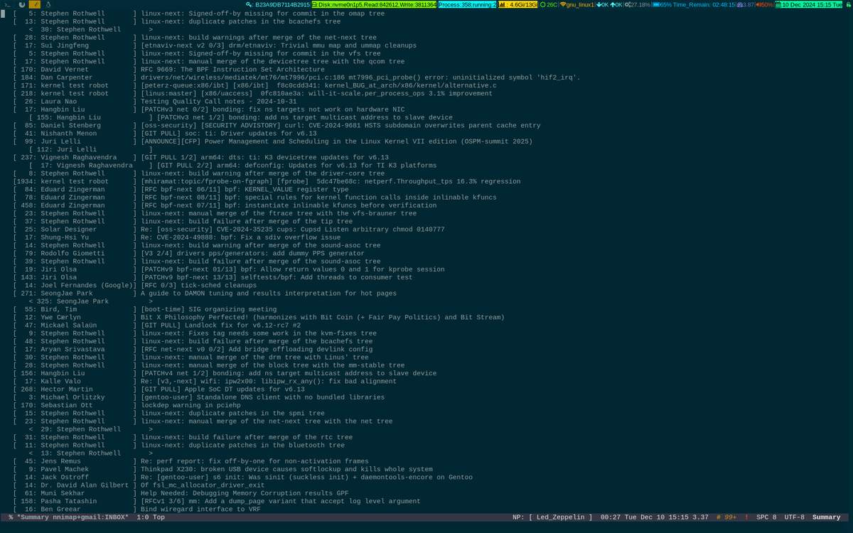 unixbhaskar's tweet image. Led Zeppelin buzzing in my ears and some routine check of inbox staring! 

#linuxadmin #emacs #gnus #mail #music #opensource