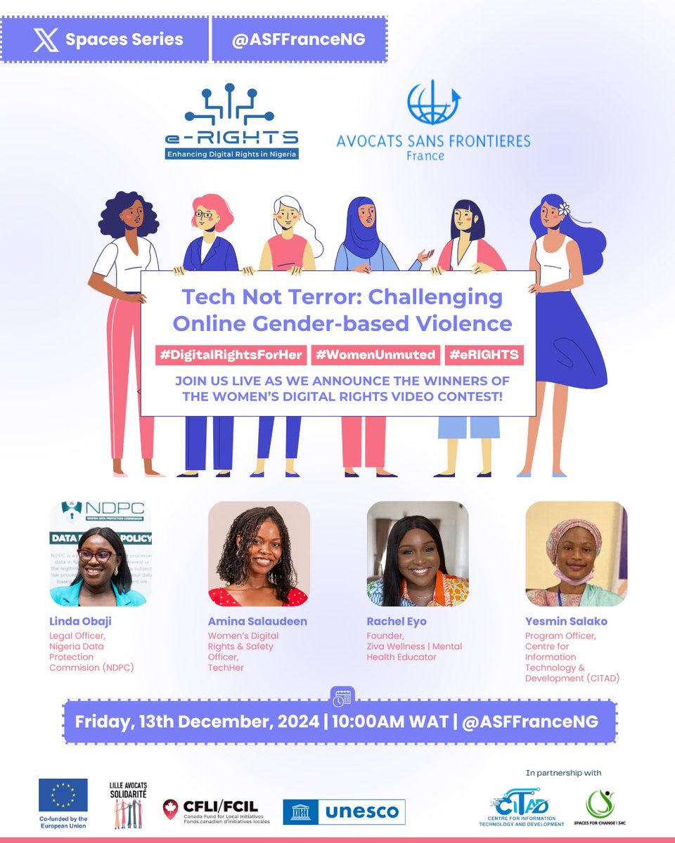 ASF France Nigeria (@asffranceng) on Twitter photo Click the quoted tweet to watch an entry for the Women’s Digital Rights Competition.
Join us this Friday at 10am to find out the winners!
#TechNotTerror #WomenUnmuted #DigitalRights #DigitalRightsforHer
<a href="/EUinNigeria/">EU in Nigeria 🇪🇺🇳🇬</a> <a href="/CanHCNigeria/">Canada in Nigeria</a> <a href="/ASFFrance/">ASF France</a>
<a href="/Spaces4Change/">Spaces for Change</a> <a href="/ICTAdvocates/">CITAD</a> Click the quoted tweet to watch an entry for the Women’s Digital Rights Competition.
Join us this Friday at 10am to find out the winners!
#TechNotTerror #WomenUnmuted #DigitalRights #DigitalRightsforHer
<a href="/EUinNigeria/">EU in Nigeria 🇪🇺🇳🇬</a> <a href="/CanHCNigeria/">Canada in Nigeria</a> <a href="/ASFFrance/">ASF France</a>
<a href="/Spaces4Change/">Spaces for Change</a> <a href="/ICTAdvocates/">CITAD</a>