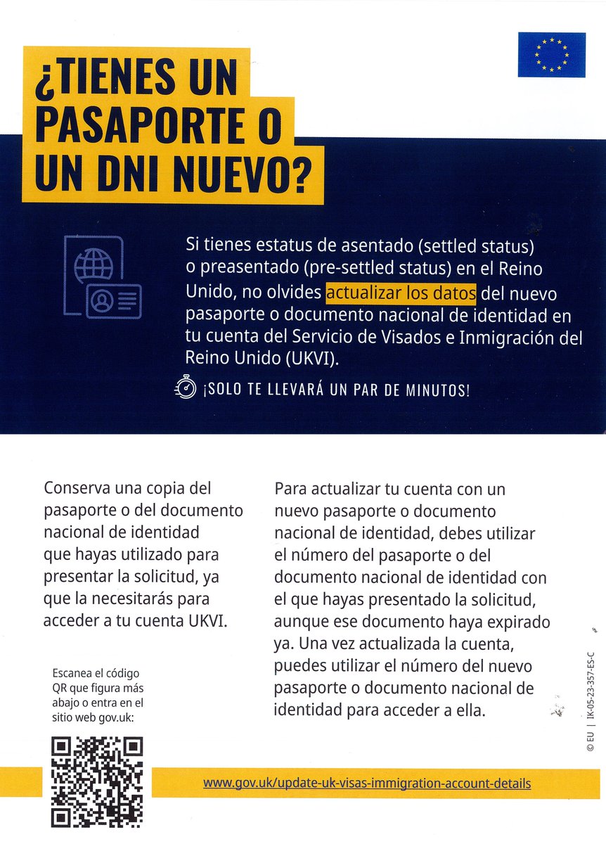 Si eres 🇪🇦 residente en Reino Unido y recientemente has renovado tu pasaporte...

⚠️🪪Debes asociar el número de tu nuevo pasaporte a tu Pre-Settled o Settled Status.

ℹ️Toda la info aquí: gov.uk/update-uk-visa…