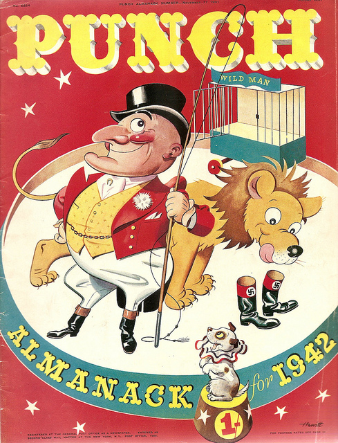 PunchBooks's tweet photo. Today's PUNCH colour cover. The PUNCH Almanack for 1942 by Harry Hewitt. #circus  #animals #lions #ringmasters #WW2 #WWII #Nazis #boots https://t.co/eRtHzcbGll