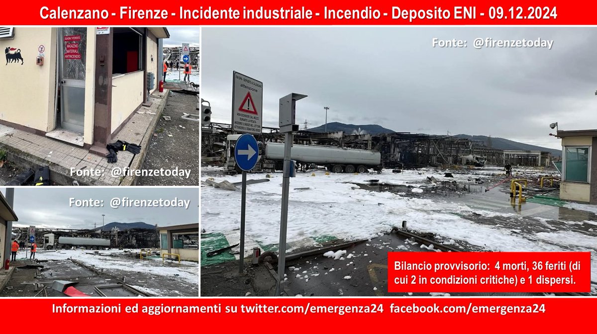 Emergenza24's tweet photo. UPDATE [10.12-10:00] #Calenzano #Firenze #IncidenteIndustriale #Incendio (09.12.) deposito #ENI
Bilancio provvisorio: 4 morti, 9 #feriti (di cui 2 gravemente), 1 #disperso.
Informazioni e aggiornamenti: https://t.co/PwZUX8rL42 https://t.co/DNaRp39aO4