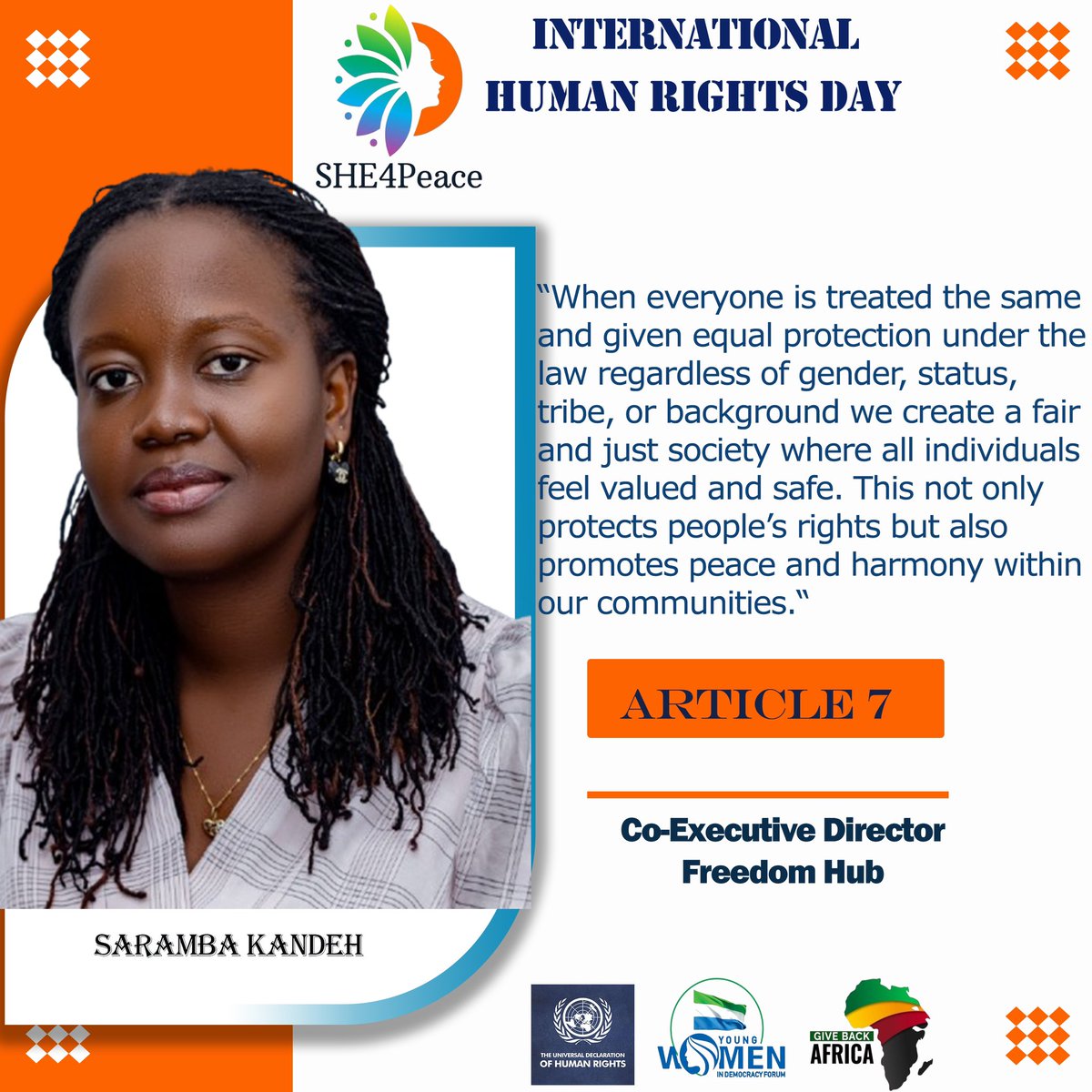 SHE4Peace's tweet photo. On Human Rights Day, let’s unite against discrimination and strive for a world where equality before the law is a reality for all. Together, we can create justice and peace.

#HumanRightsDay2024
@KandehSaramba https://t.co/wqxGwVd2dU
