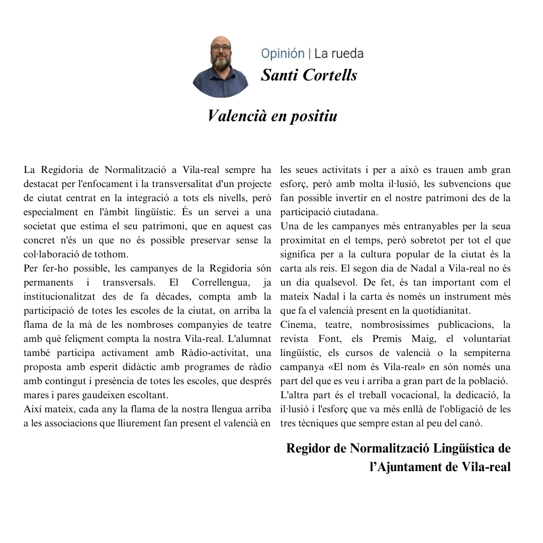 🌟 A Vila-real, el valencià és més que una llengua: és patrimoni viu! 🎭📜
Campanyes com el Correllengua, la carta als Reis o la revista Font porten la flama de la nostra llengua a escoles, associacions i cultura. 💛

👉 Fem-ho possible entre totes i tots!

#Vila_real #EnValencià